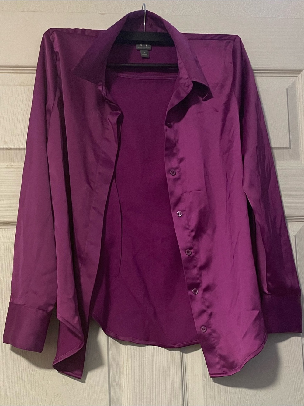 NWOT Worthington Women's Solid Purple Retro Satin Button Down Collared Blouse M